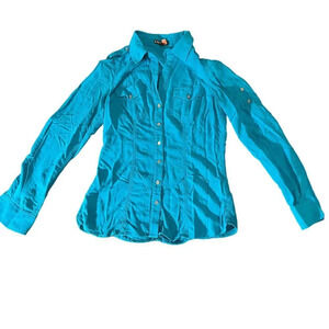 Express Women's Turquoise Long Sleeve‎ Collared Button-Up Shirt Size Small